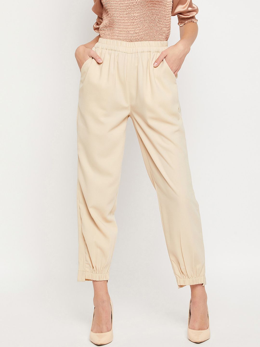 JUNE & HARRY Women Beige Smart Slim Fit High-Rise Trousers Price in India