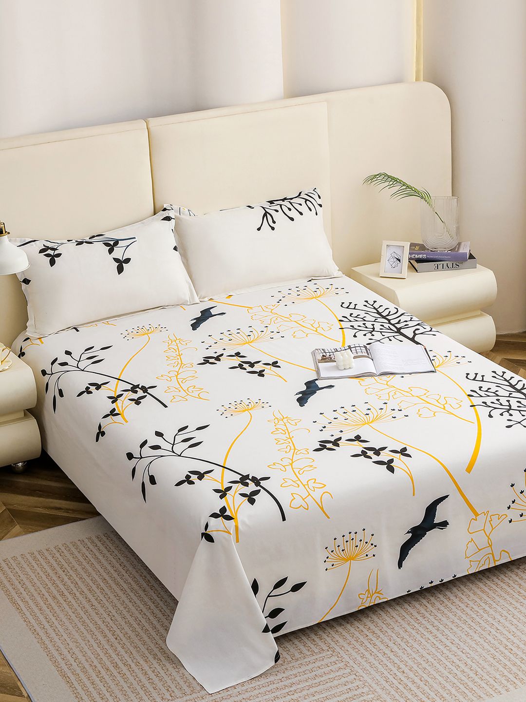 Story@home Story@home Aviator White Leaf Cotton 240 TC King Bedsheet with Pillow Covers - 88x108 In