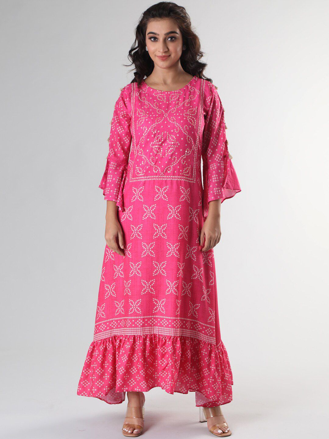 taruni Women Pink Bandhani Printed Bell Sleeves Kurta Price in India