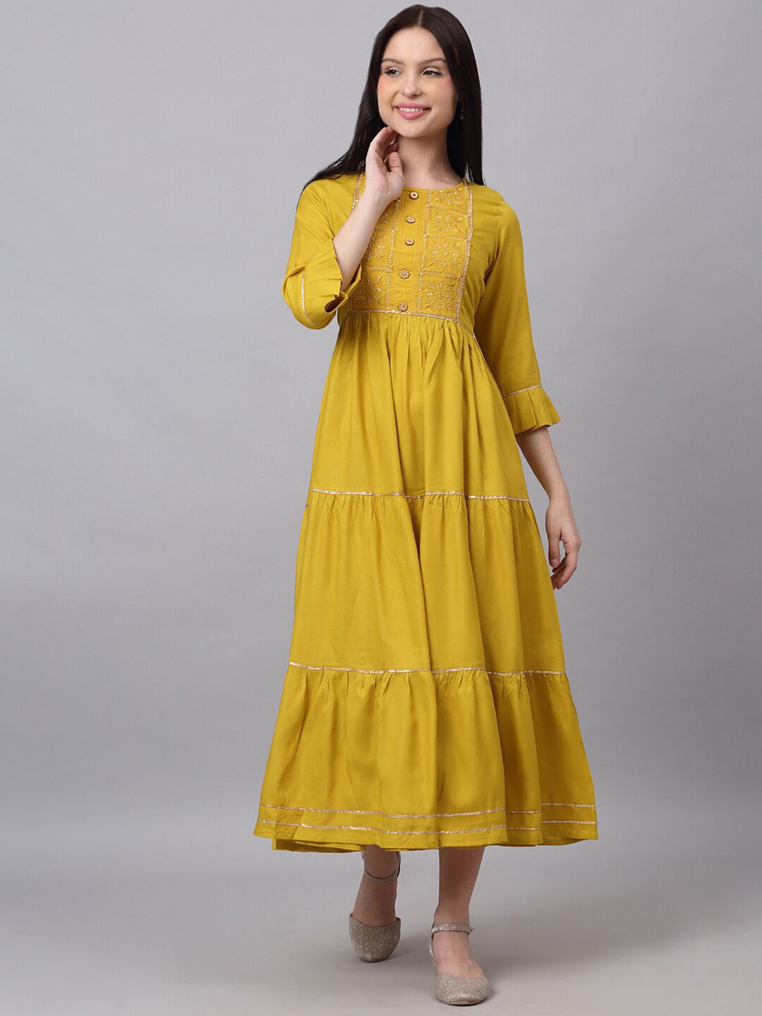 KALINI Mustard Yellow A-Line Midi Dress Price in India