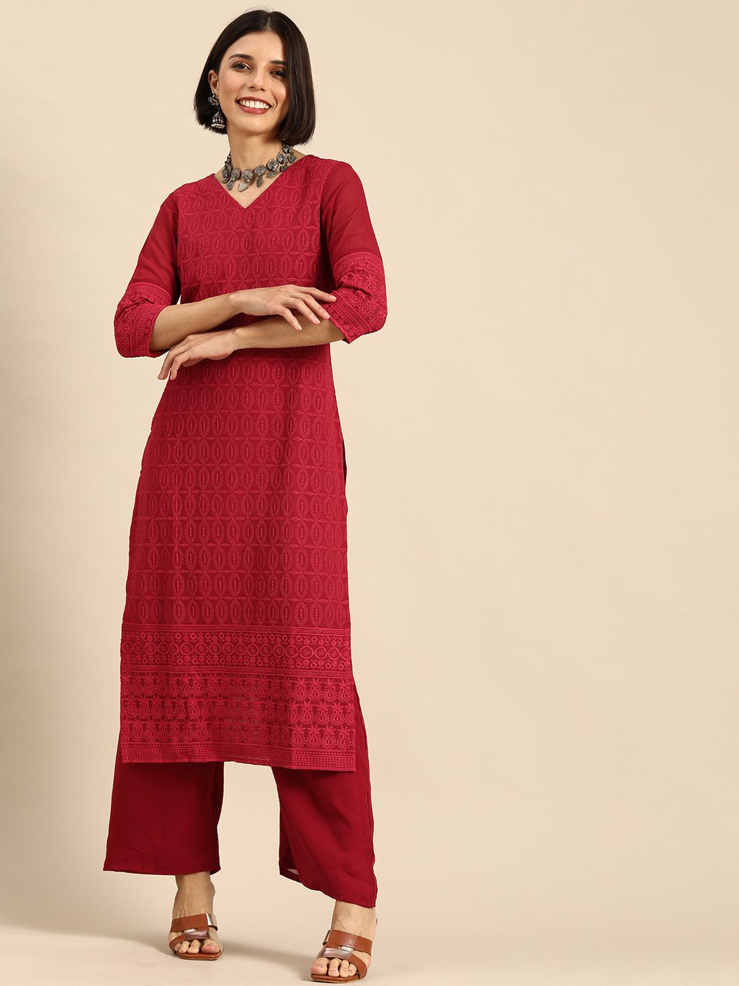 Anouk Women Red Ethnic Motifs Embroidered Kurta with Palazzos Price in India