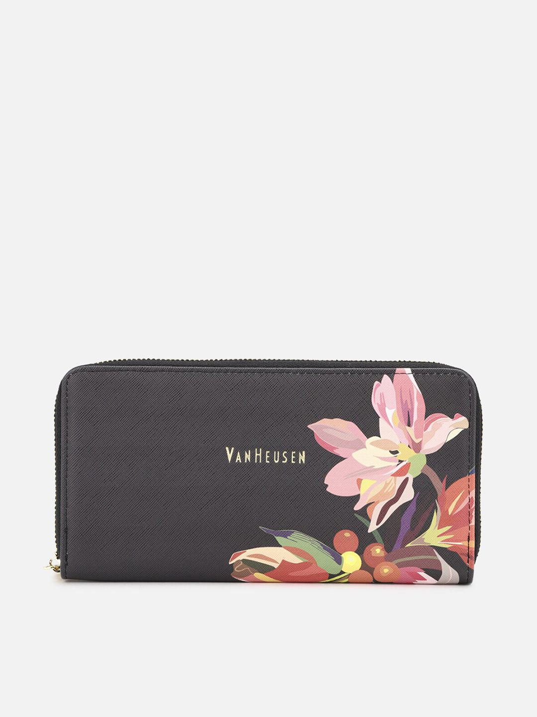 Van Heusen Woman Women Black & Red Abstract Printed PU Zip Around Wallet Price in India