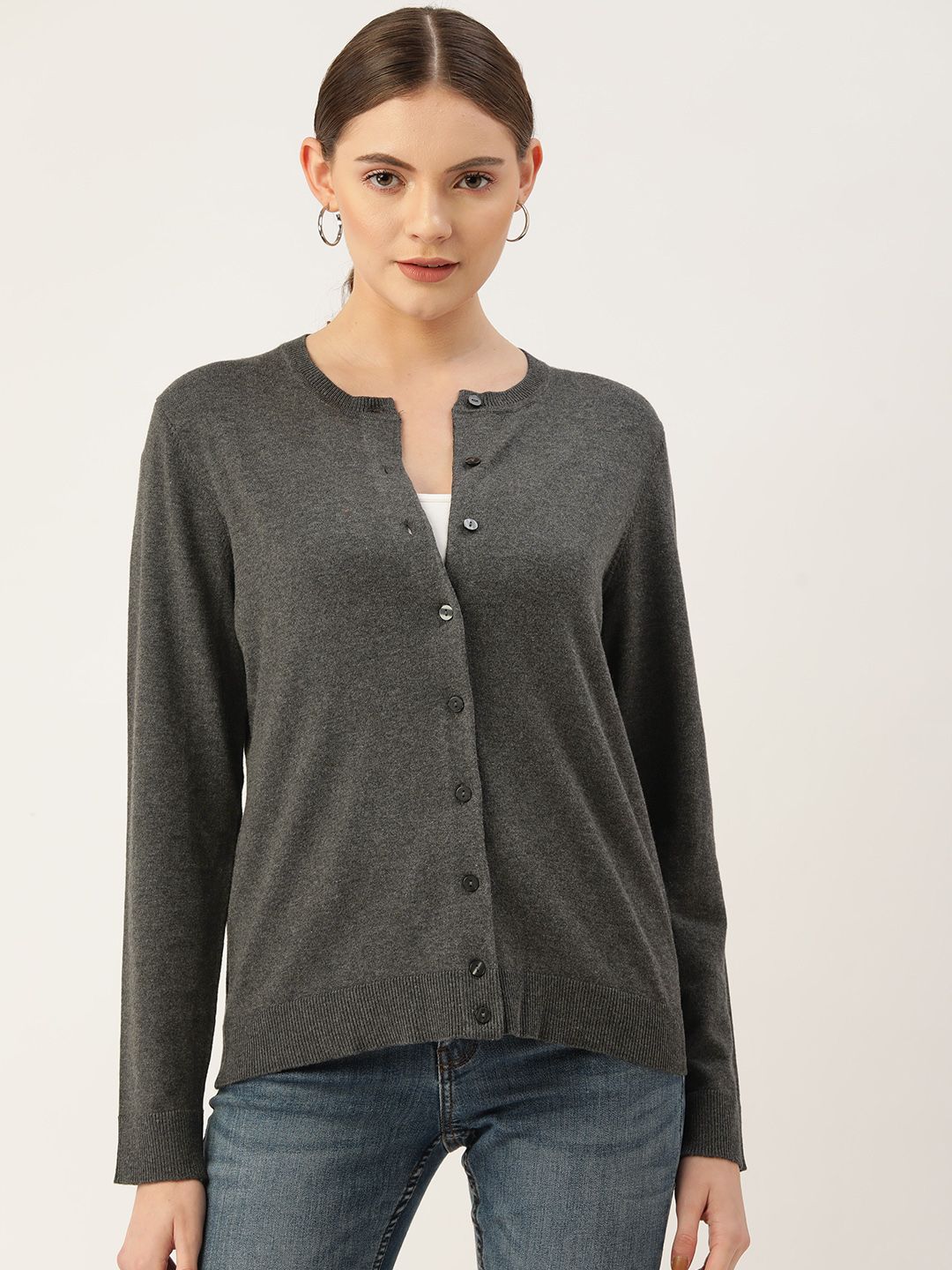 Macy's Karen Scott Women Charcoal Grey Solid Cardigan Price in India