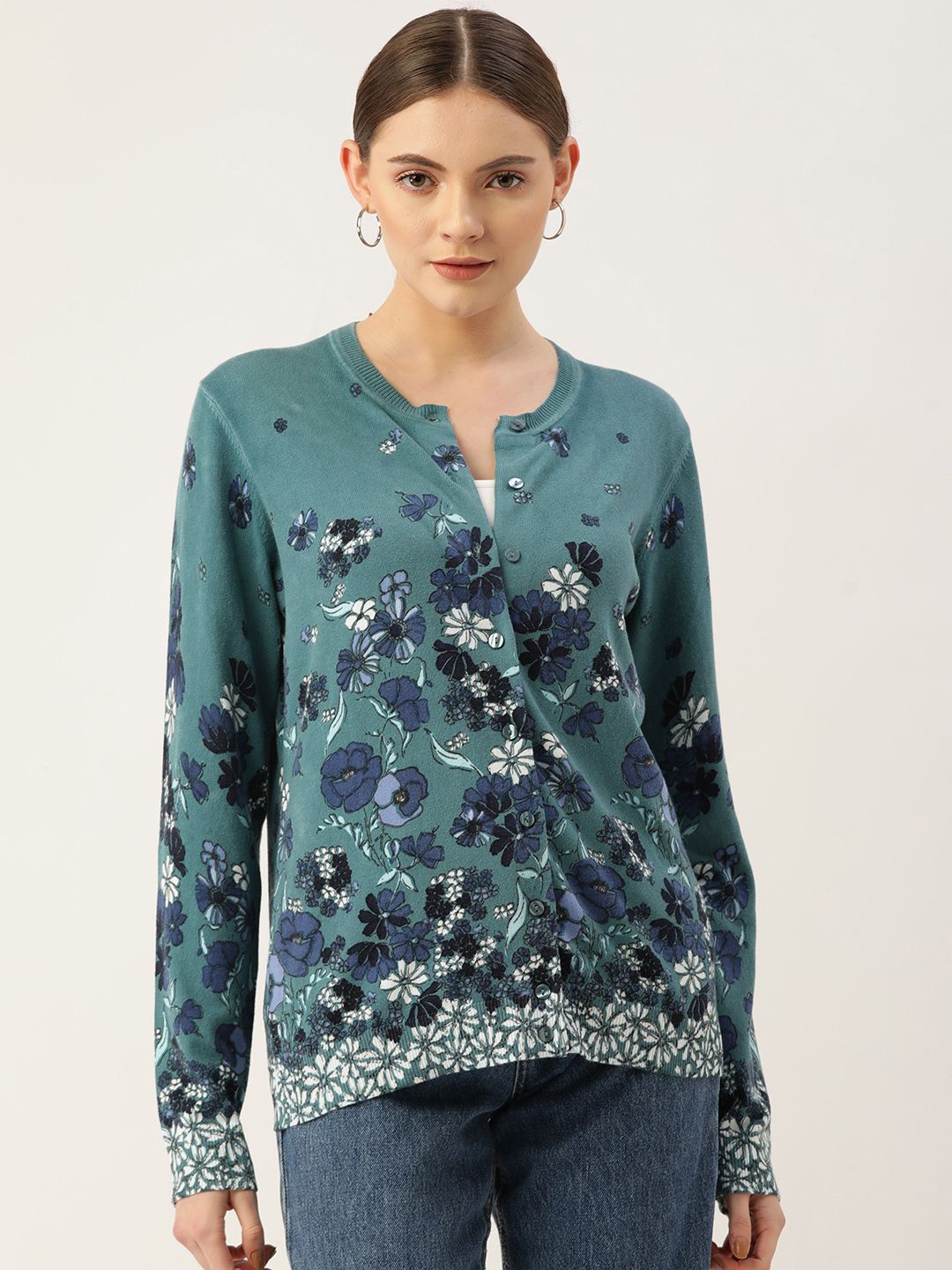 Macy's Karen Scott Women Green & Blue Floral Printed Cardigan Price in India