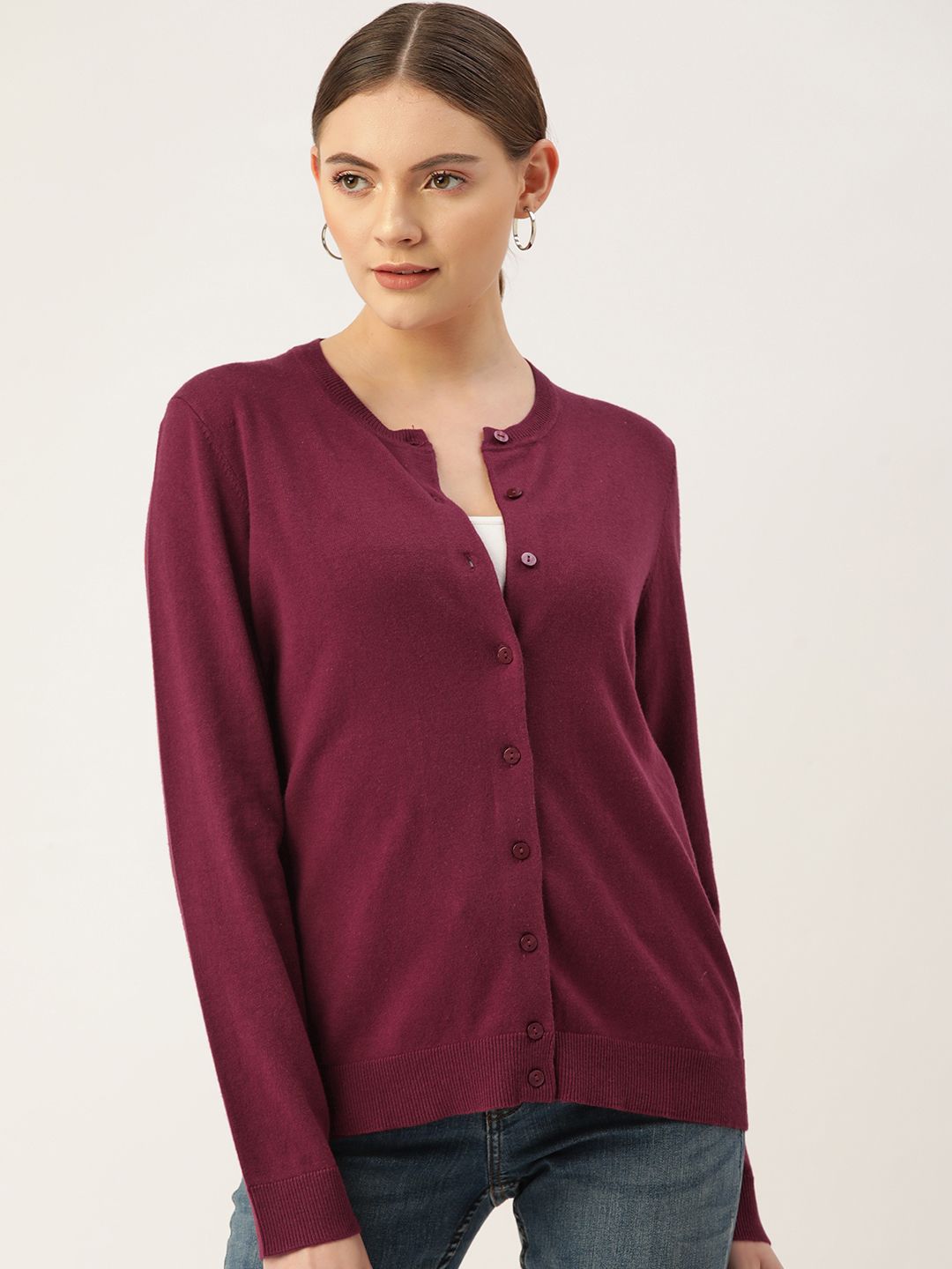 Macy's Karen Scott Women Burgundy Solid Cardigan Price in India