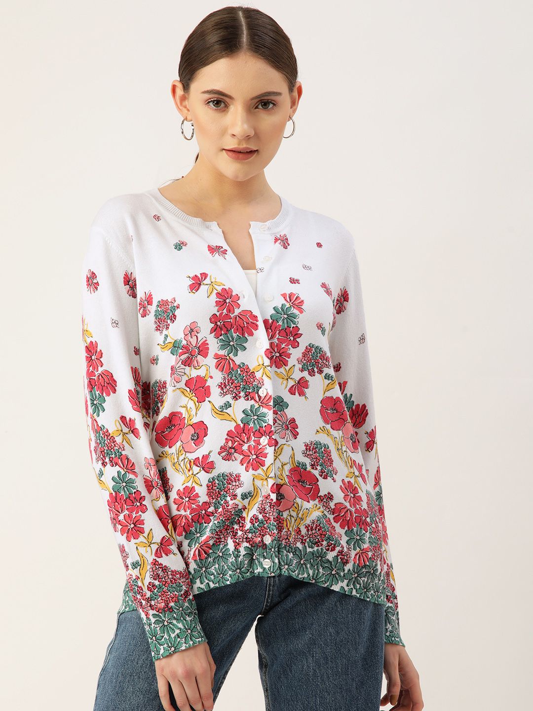 Karen Scott Women White & Pink Floral Printed Cardigan