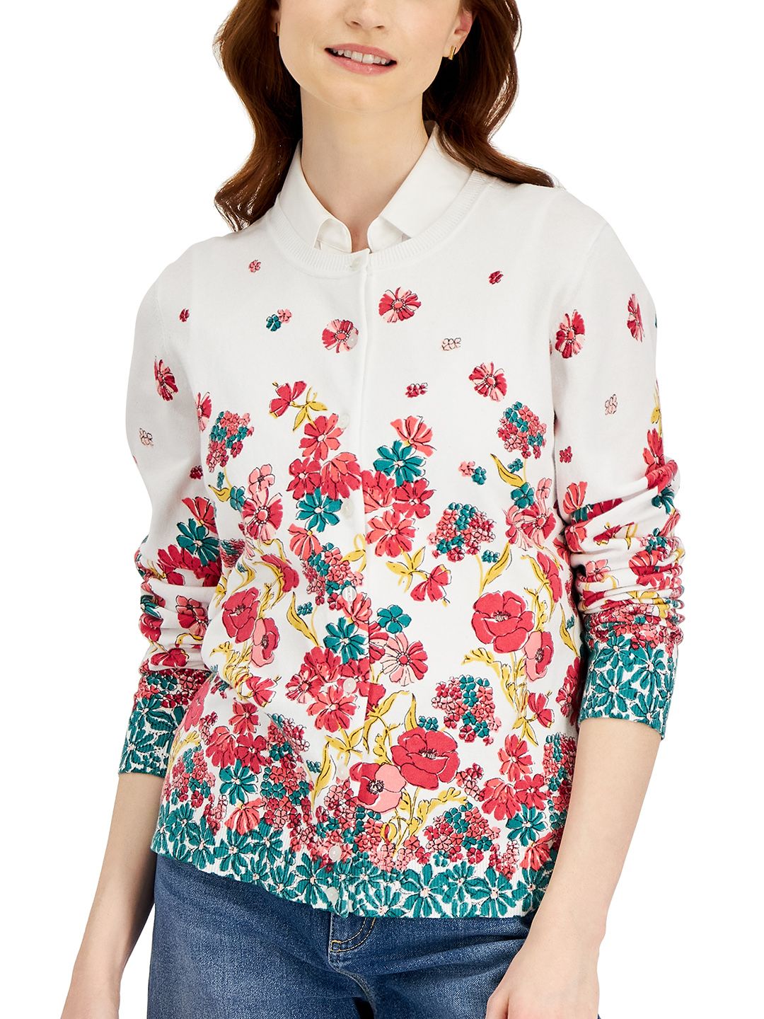 Macy's Karen Scott Women White & Pink Floral Printed Cardigan Price in India