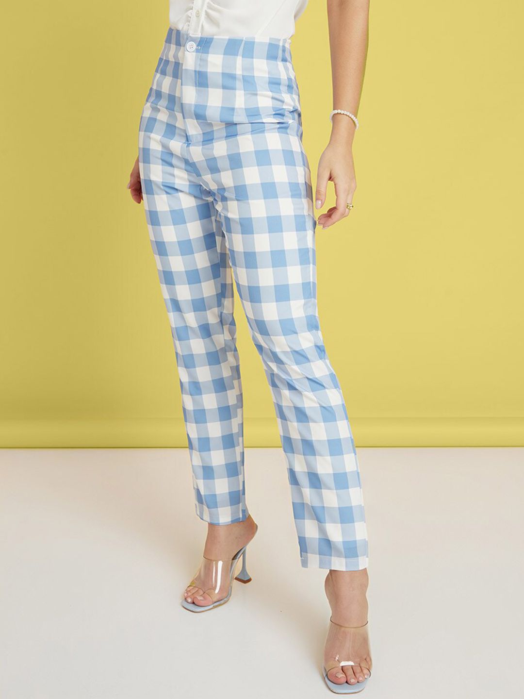 Styli Women Blue Checked Tapered Fit High-Rise Trousers Price in India