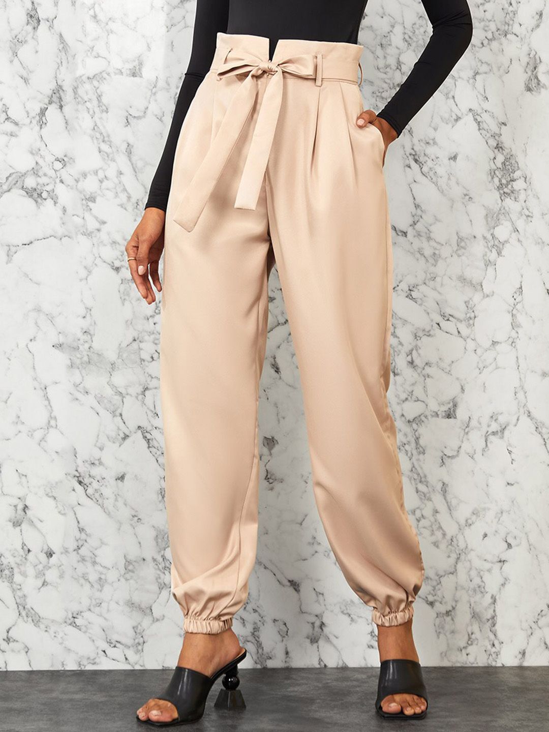 Styli Women Beige Straight Fit High-Rise Trousers Price in India