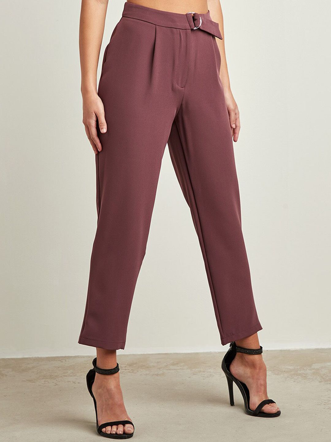 Styli Women Purple Tapered Fit Pleated Trousers Price in India