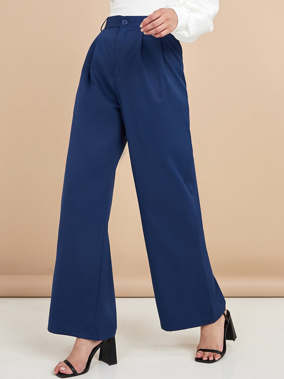 Styli Women Navy Blue High-Rise Pleated Trousers Price in India
