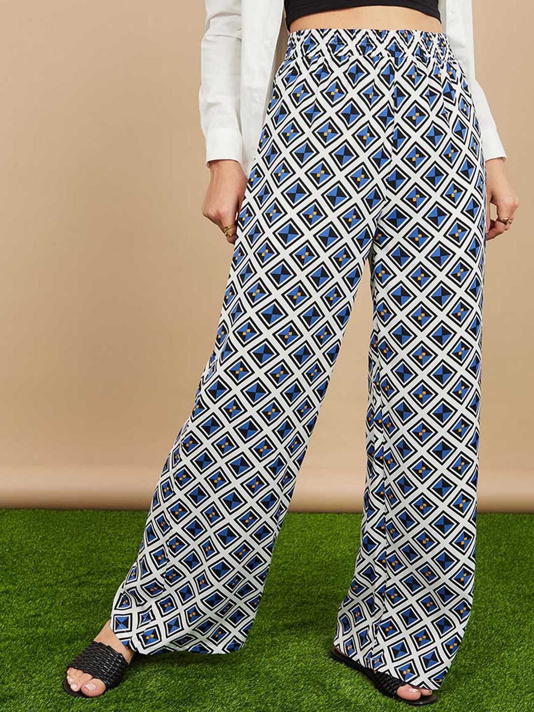 Styli Women Blue Printed High-Rise Chinos Trousers Price in India