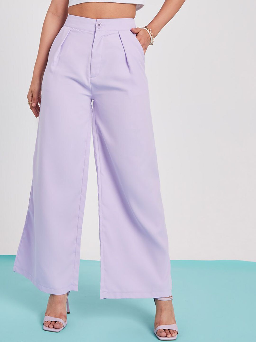 Styli Women Lavender High-Rise Pleated Trousers Price in India