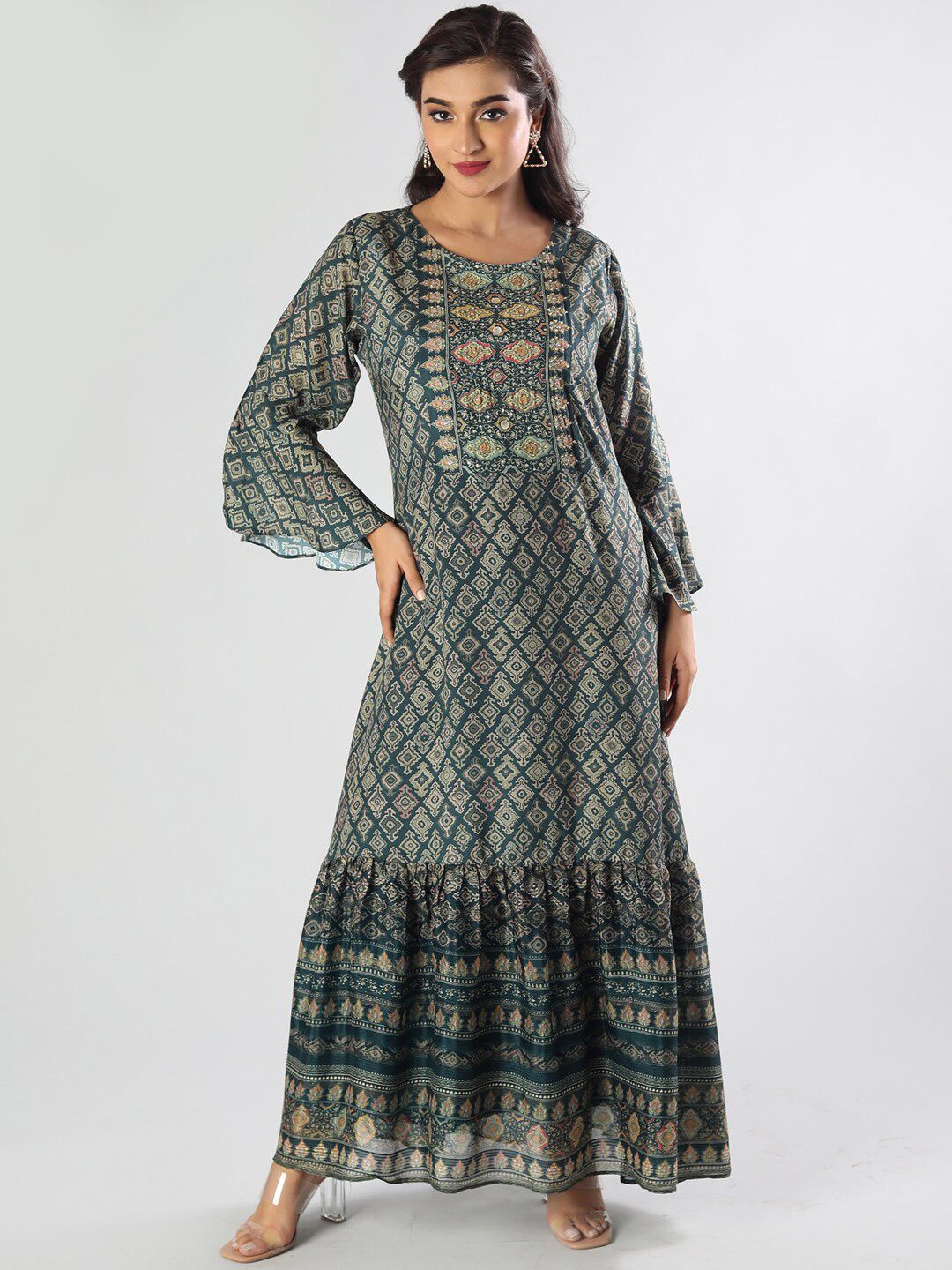 taruni Women Olive Green Ethnic Motifs Printed Anarkali Kurta Price in India