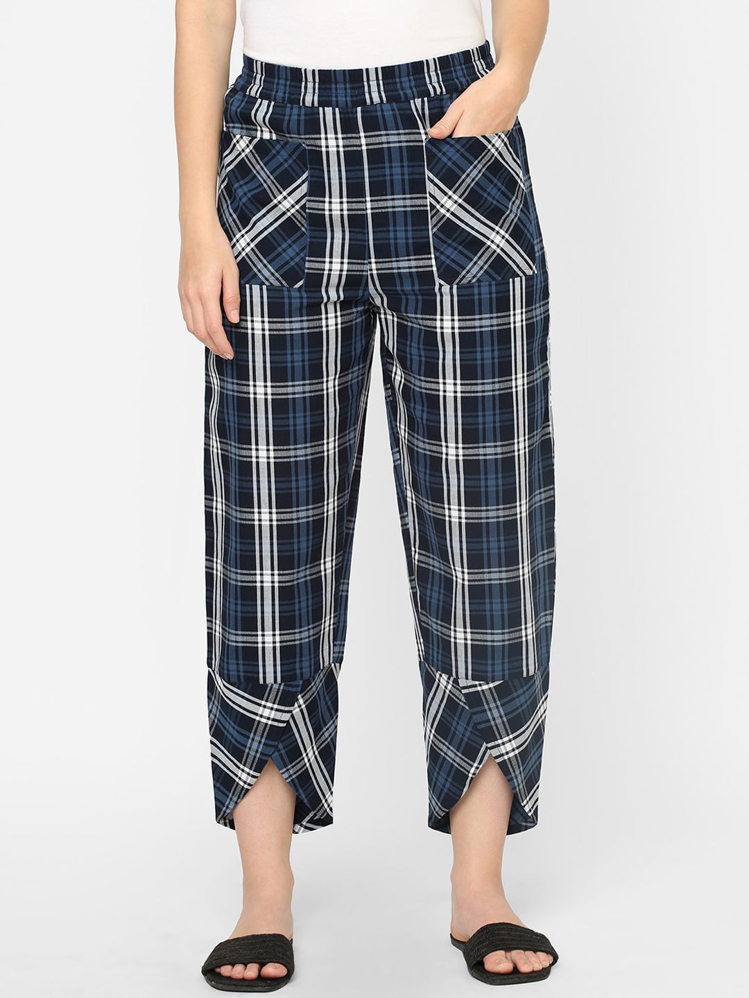 Mystere Paris Women Navy Blue & White Checked Cotton Lounge Pants Price in India