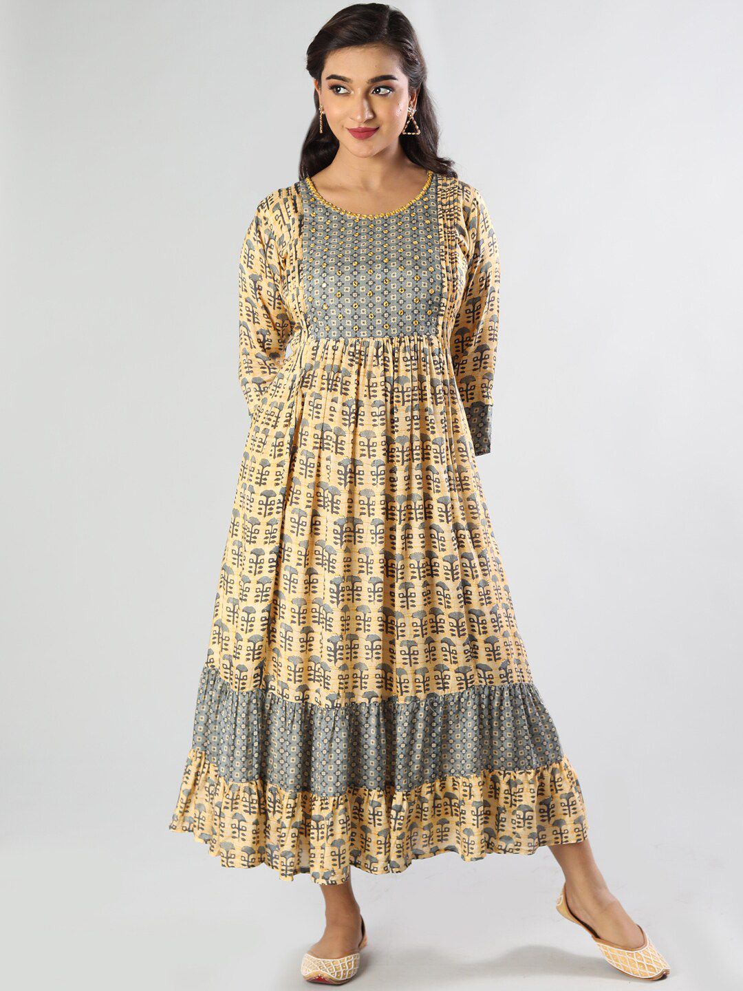 taruni Women Yellow & Grey Ethnic Motifs Printed Mirror Work Anarkali Kurta Price in India