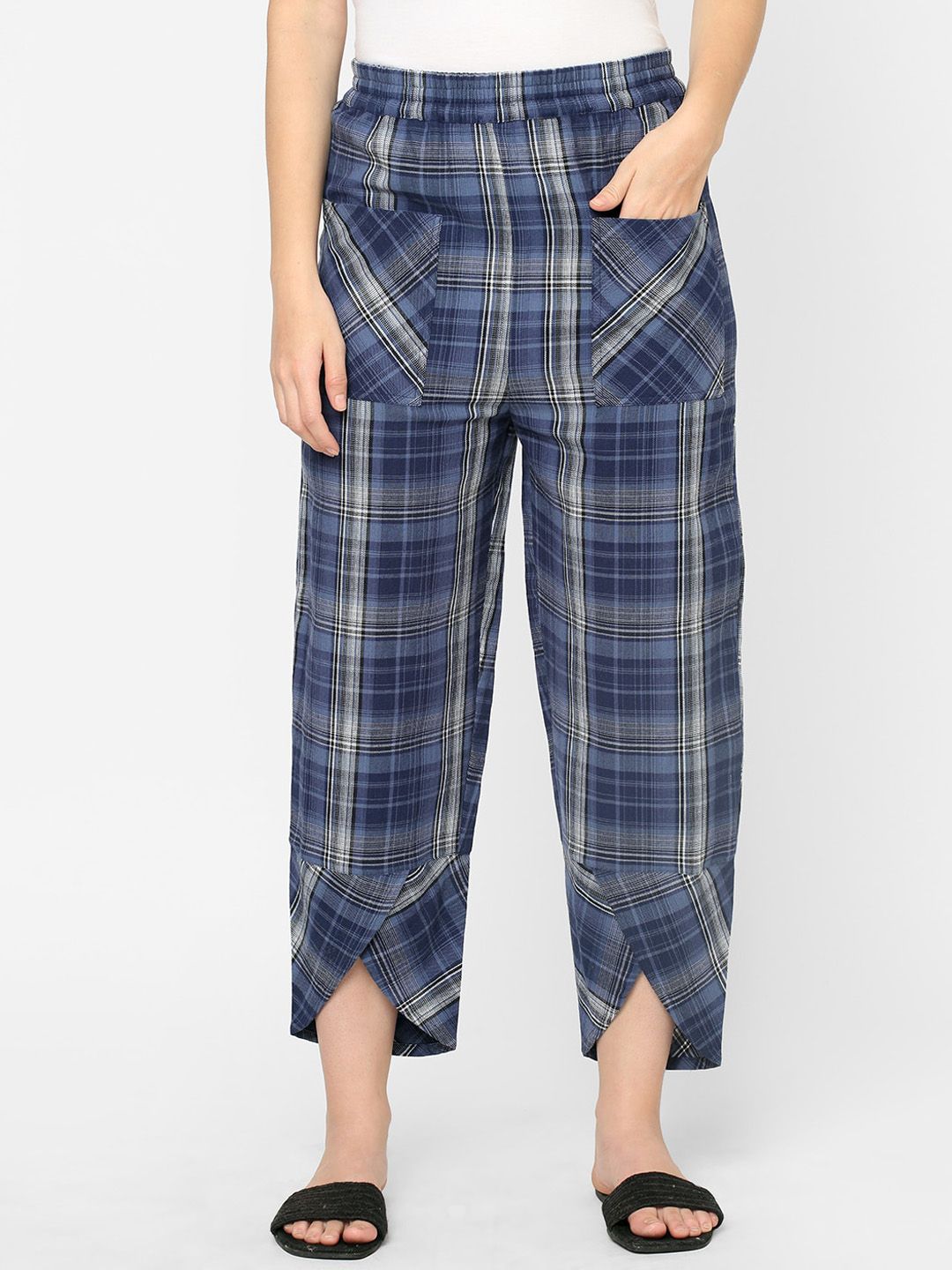 Mystere Paris Women Blue & White Checked Cotton Lounge Pants Price in India