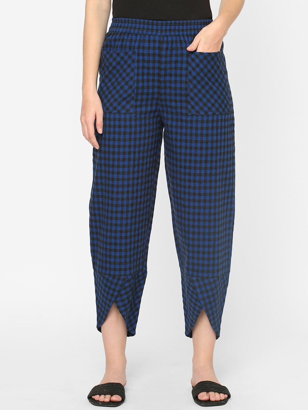 Mystere Paris Women Black & Blue Checked Lounge Pants Price in India