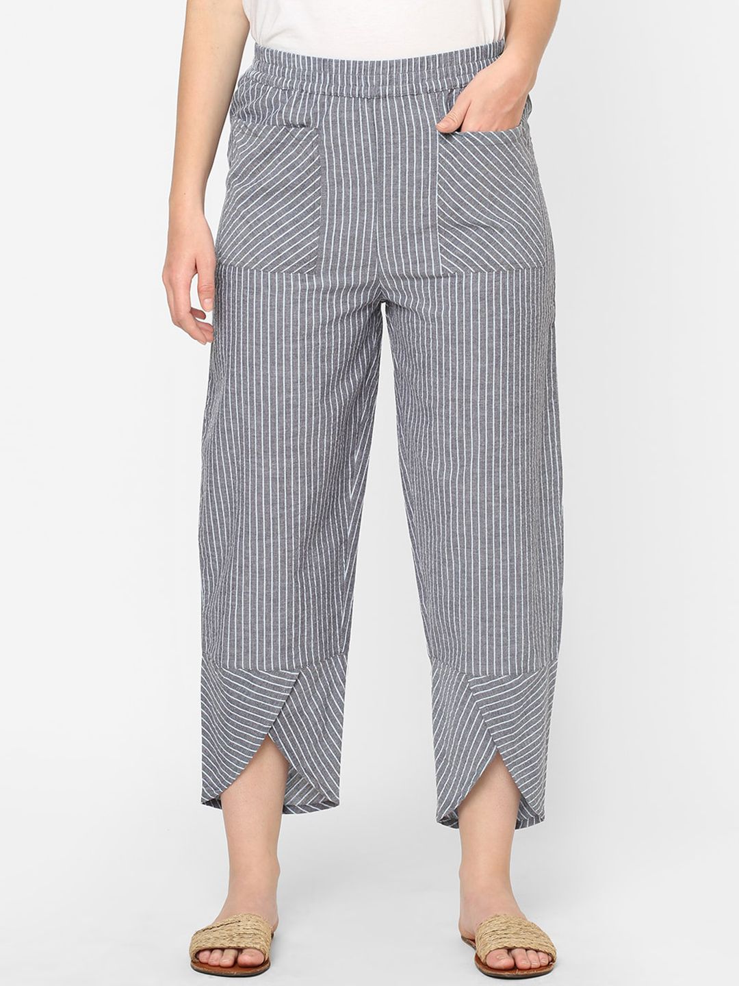 Mystere Paris Women Grey & White Striped Cotton Lounge Pant Price in India