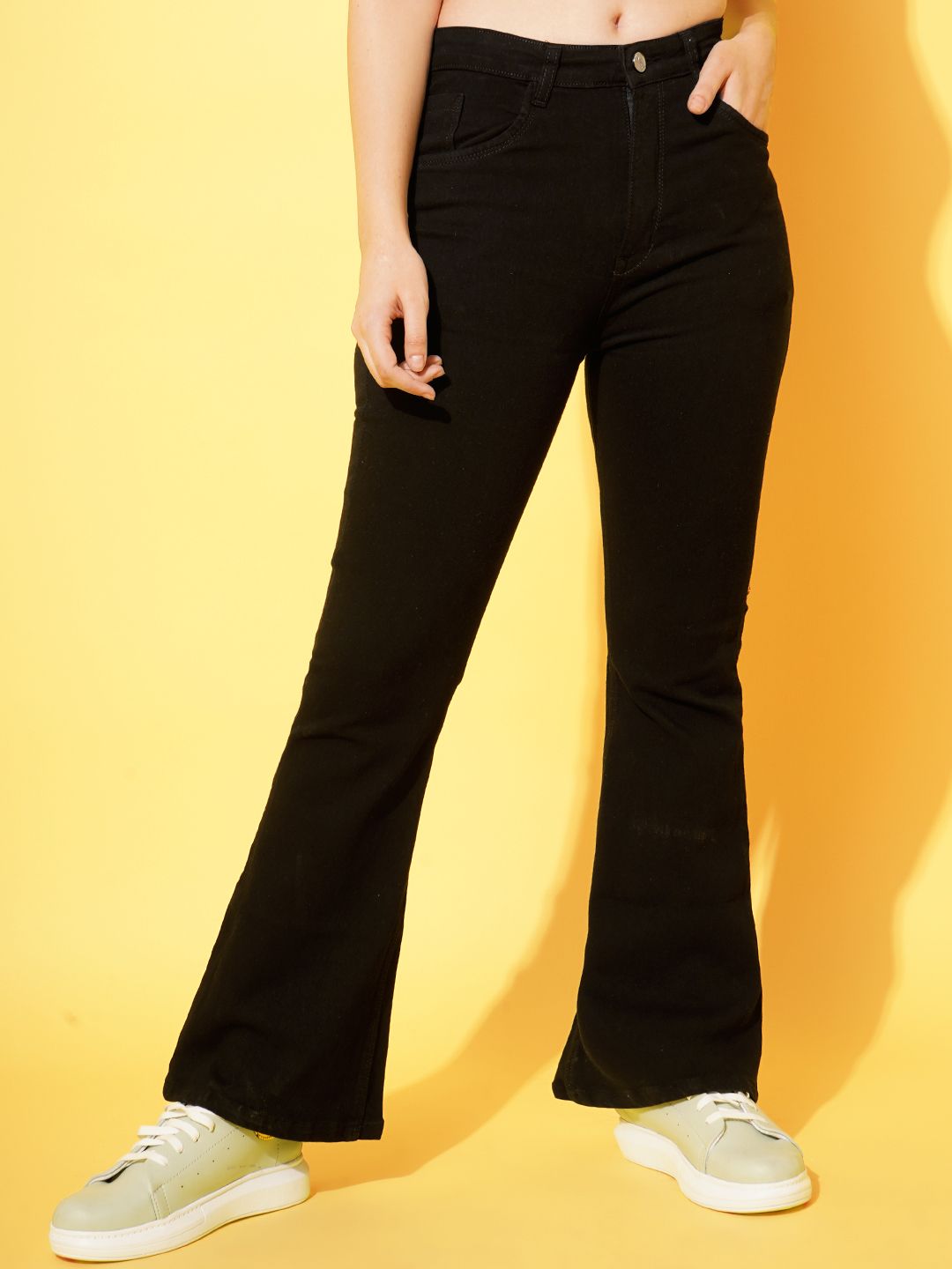 Purple Feather Women Black Smart Bootcut High-Rise Slash Knee Stretchable Jeans Price in India