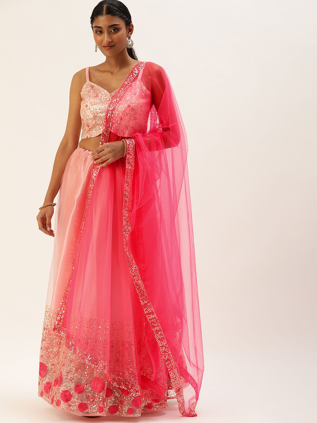 LOOKNBOOK ART Pink Embellished Sequinned Semi-Stitched Lehenga Set Price in India