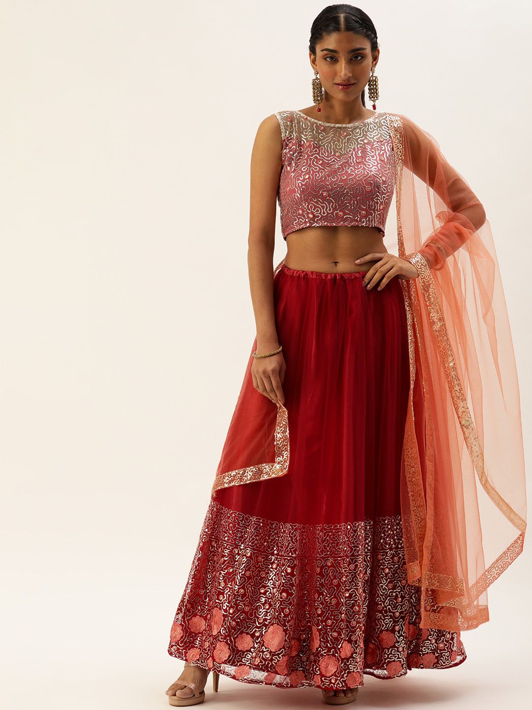LOOKNBOOK ART Red Embellished Sequinned Semi-Stitched Lehenga Set Price in India