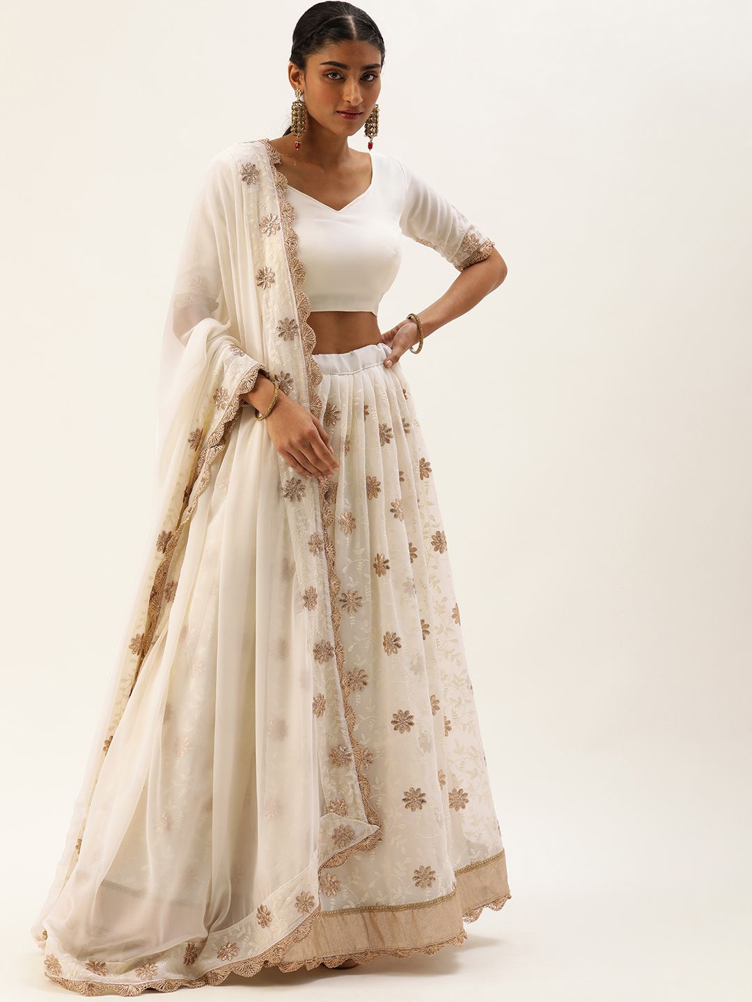 LOOKNBOOK ART Off White Semi-Stitched Lehenga & Unstitched Blouse With Dupatta Price in India