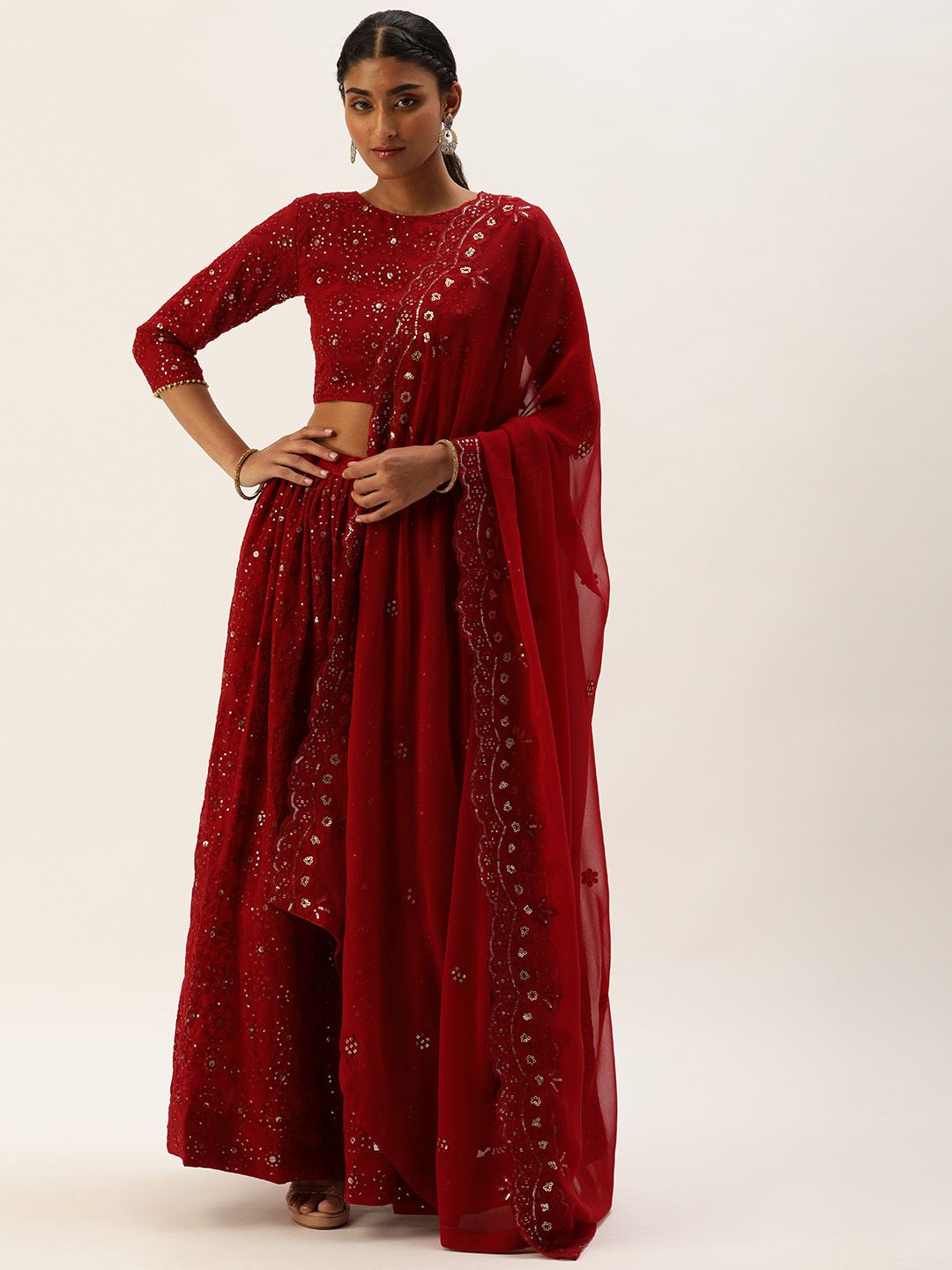 LOOKNBOOK ART Red Embroidered Sequinned Semi-Stitched Lehenga Set Price in India