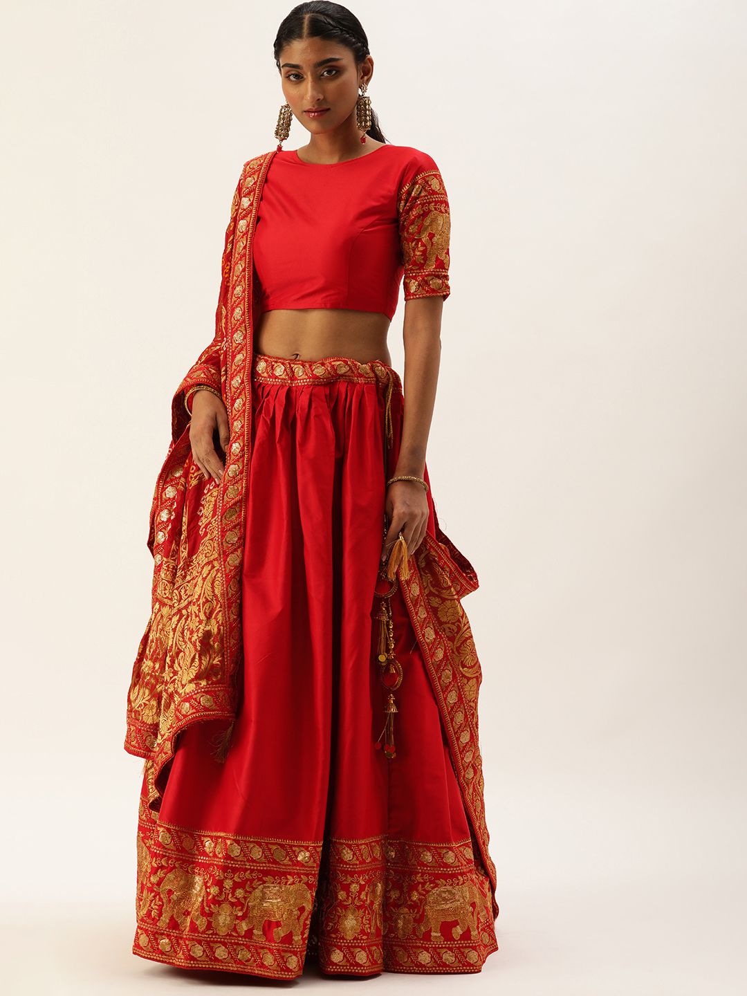 LOOKNBOOK ART Red Thread Work Semi-Stitched Lehenga & Unstitched Blouse With Dupatta Price in India