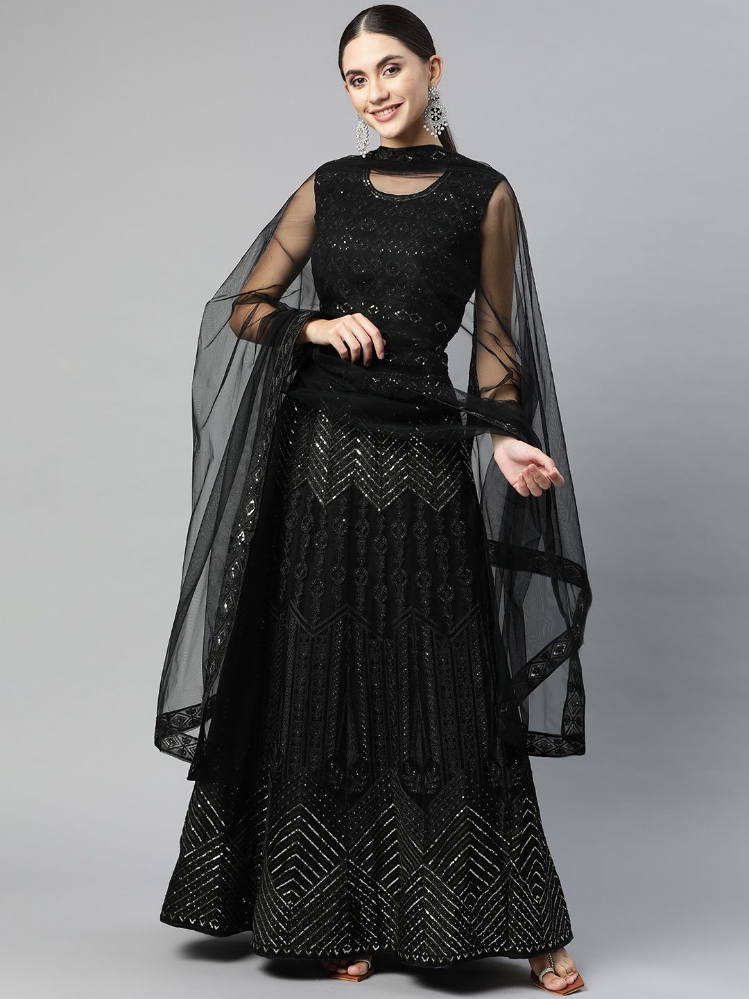 Readiprint Fashions Black Embroidered Sequinned Semi-Stitched Lehenga & Unstitched Blouse With Dupatta