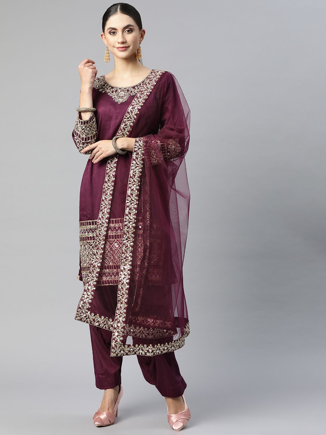 Readiprint Fashions Women Burgundy Embroidered Art Silk Semi-Stitched Dress Material Price in India