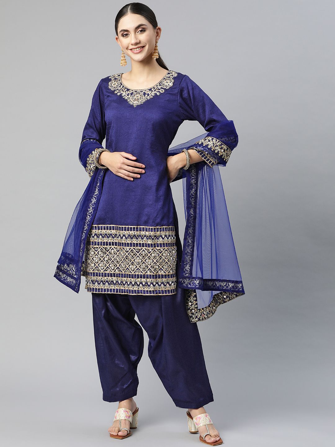 Readiprint Fashions Navy Blue Embroidered Art Silk Semi-Stitched Dress Material Price in India