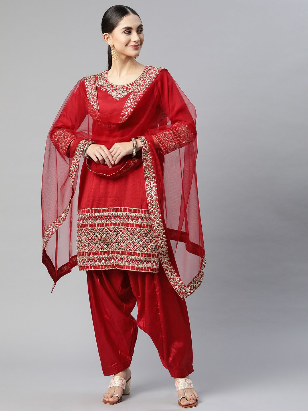 Readiprint Fashions Red Embroidered Art Silk Semi-Stitched Dress Material Price in India