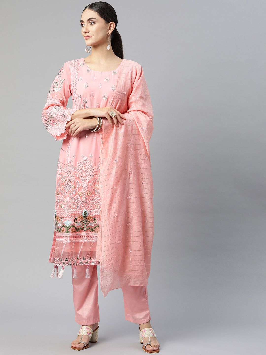 Readiprint Fashions Pink Embroidered Semi-Stitched Kurta Set Dress Material Price in India