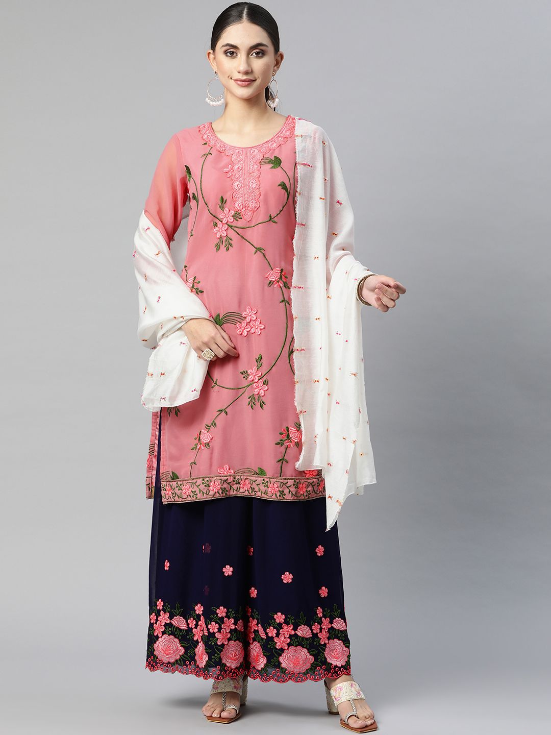 Readiprint Fashions Pink & Navy Blue Embroidered Semi-Stitched Kurta Set Dress Material Price in India