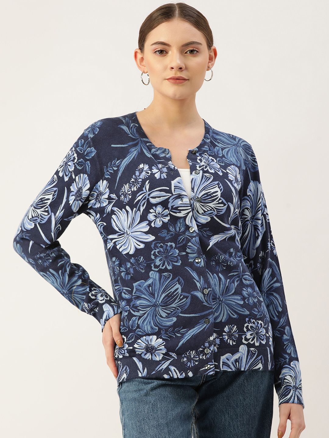 Macy's Karen Scott Women Navy Blue & White Floral Printed Cardigan Price in India