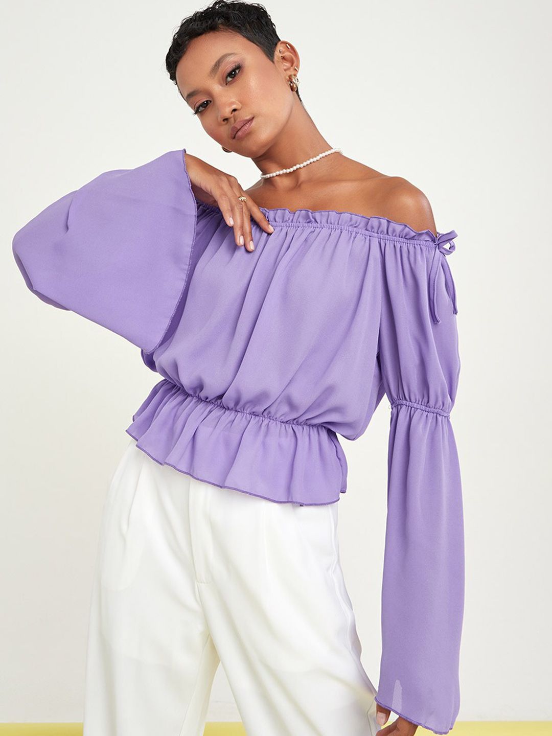 Styli Purple Off-Shoulder Bardot Top