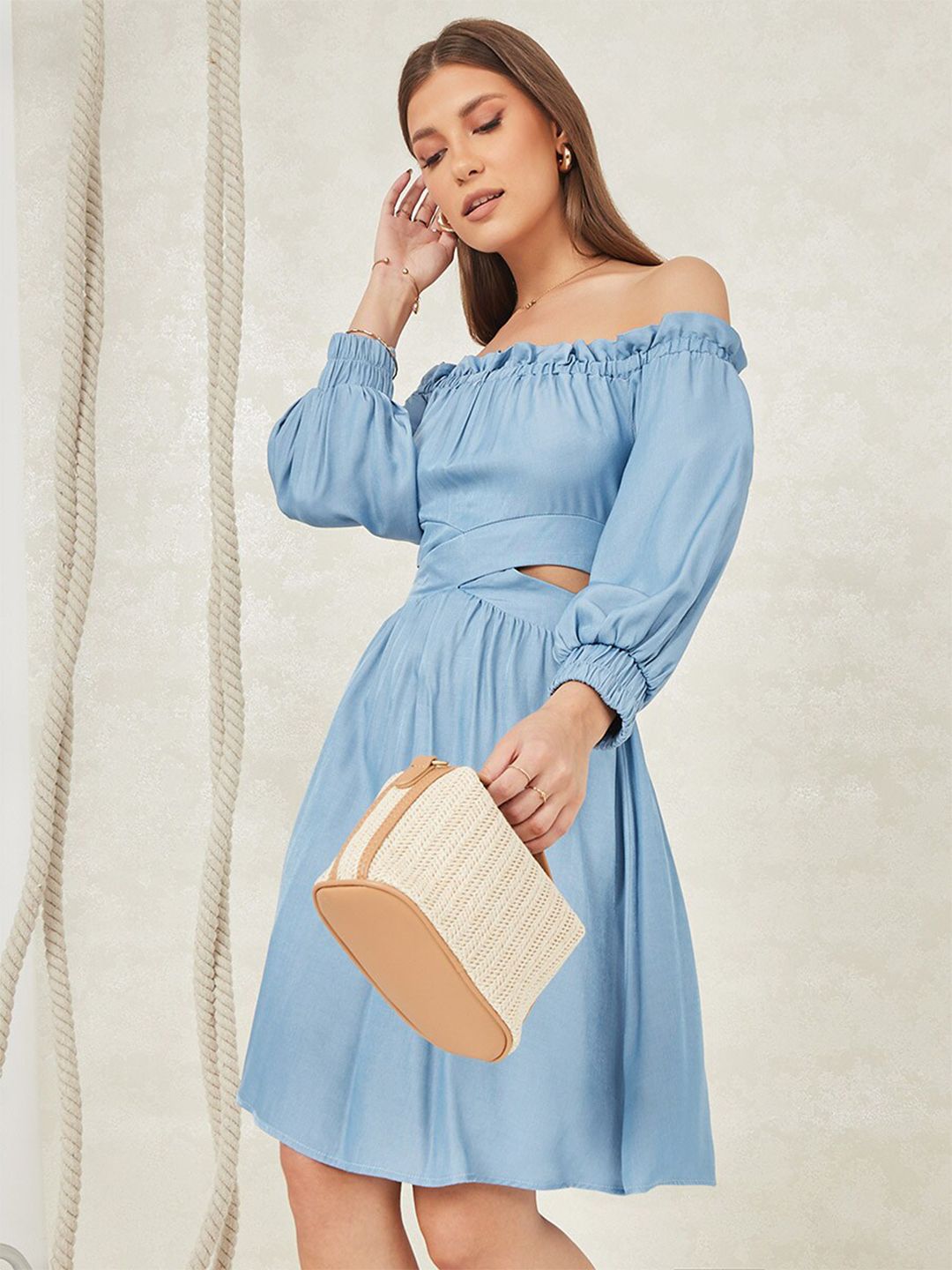 Styli Blue Off-Shoulder A-Line Dress Price in India