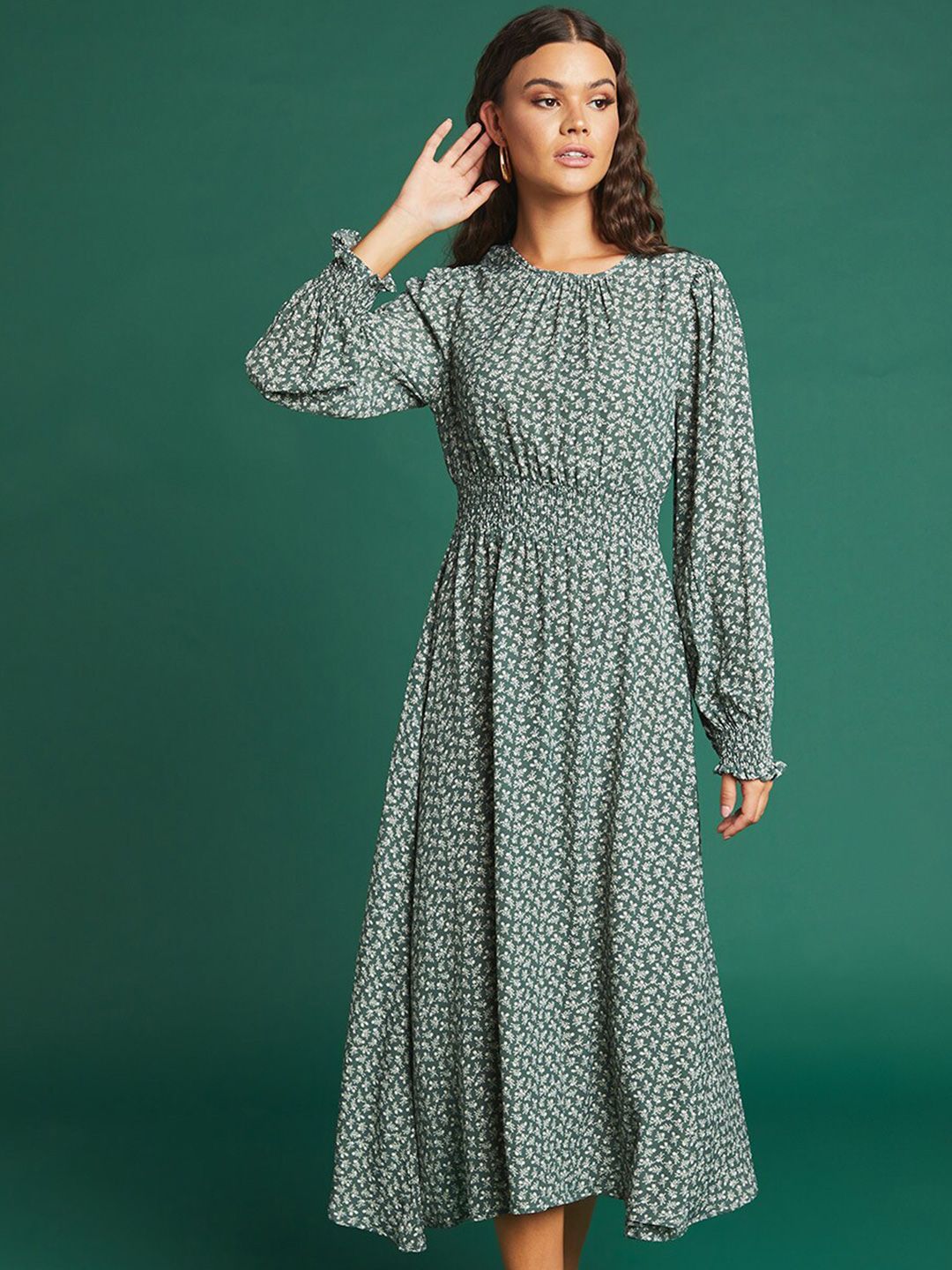 Styli Green Floral Drop-Waist Dress Price in India