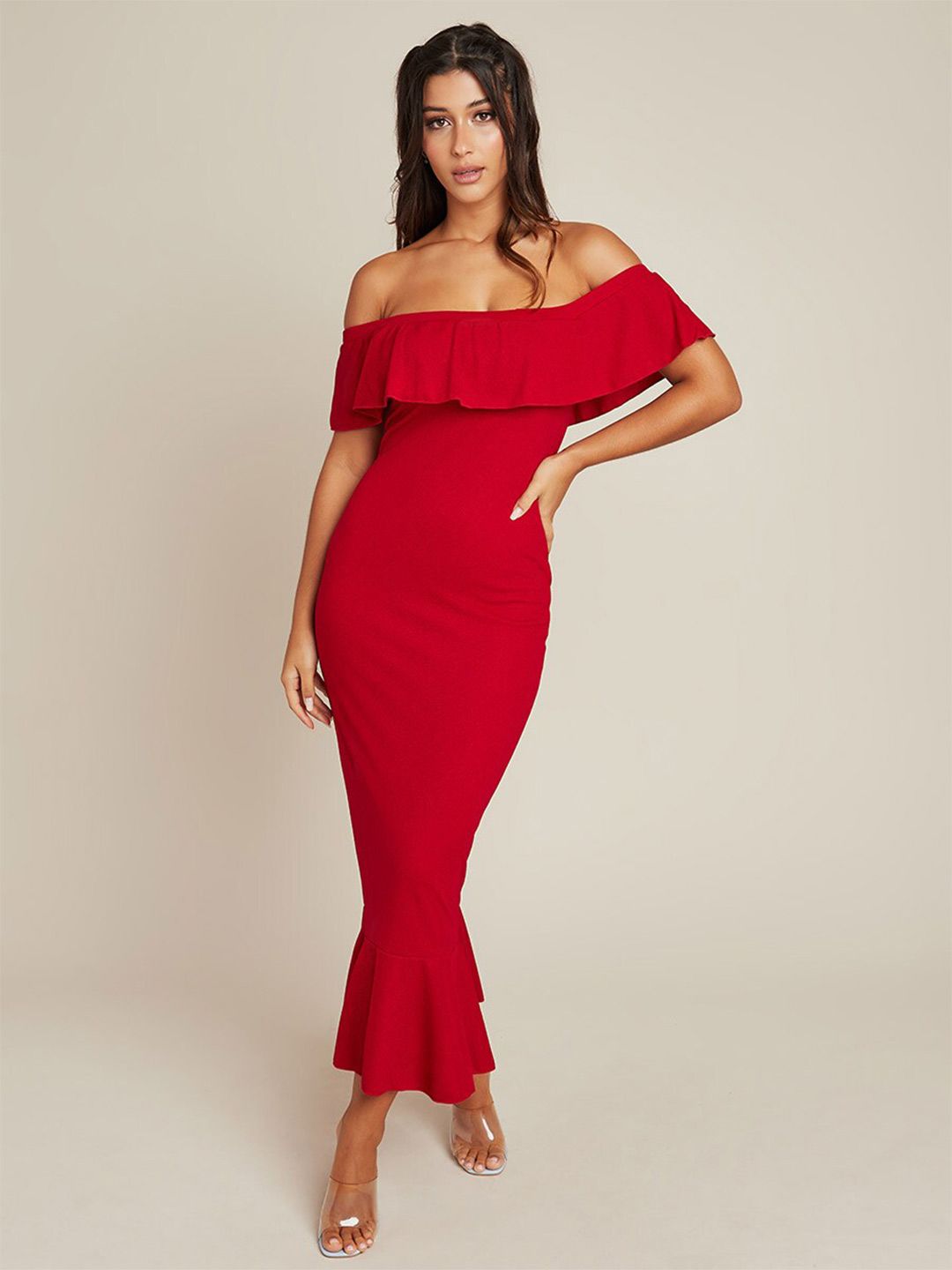 Styli Burgundy Off-Shoulder Maxi Dress Price in India