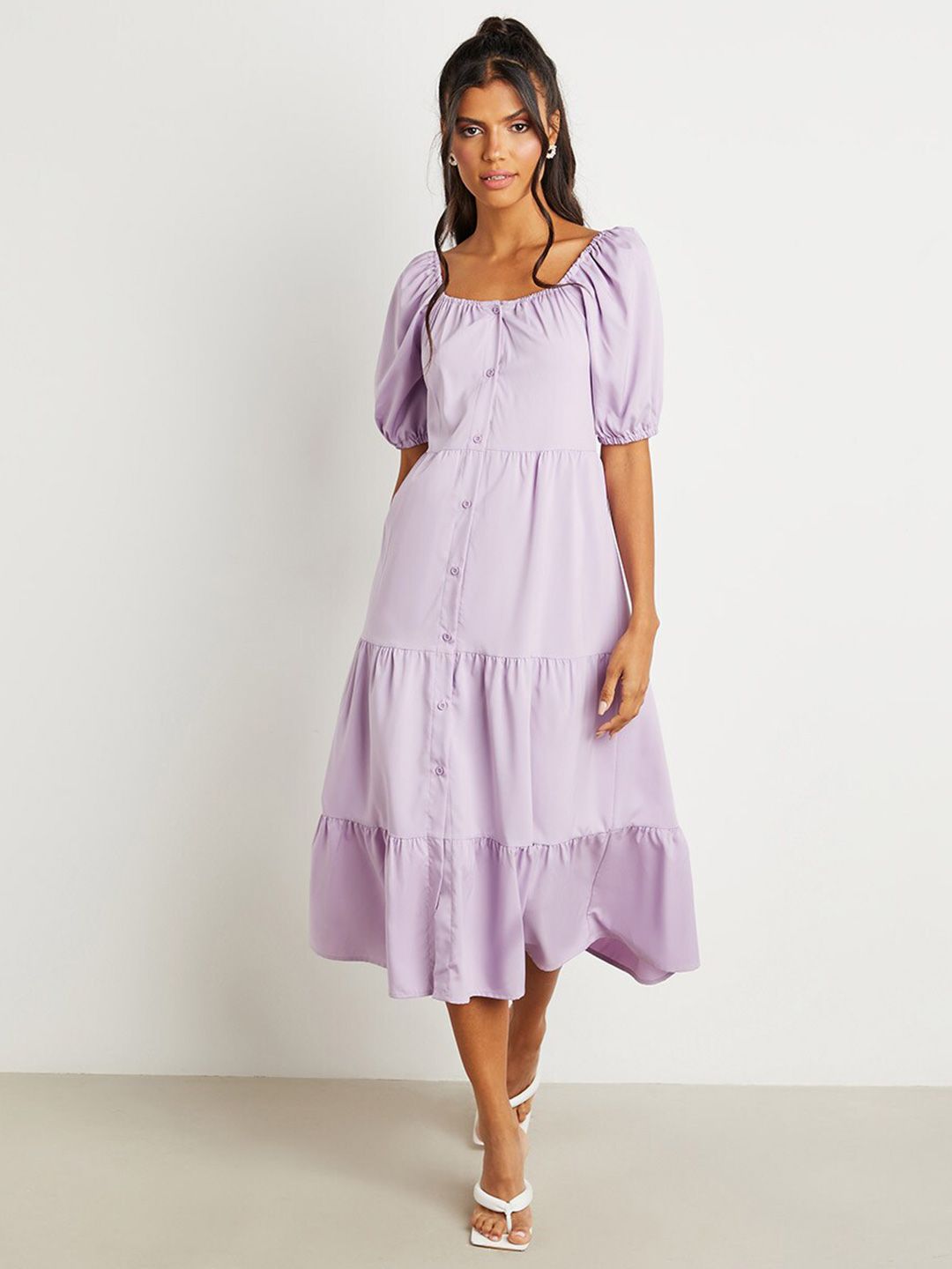 Styli Lavender Off-Shoulder A-Line Dress Price in India