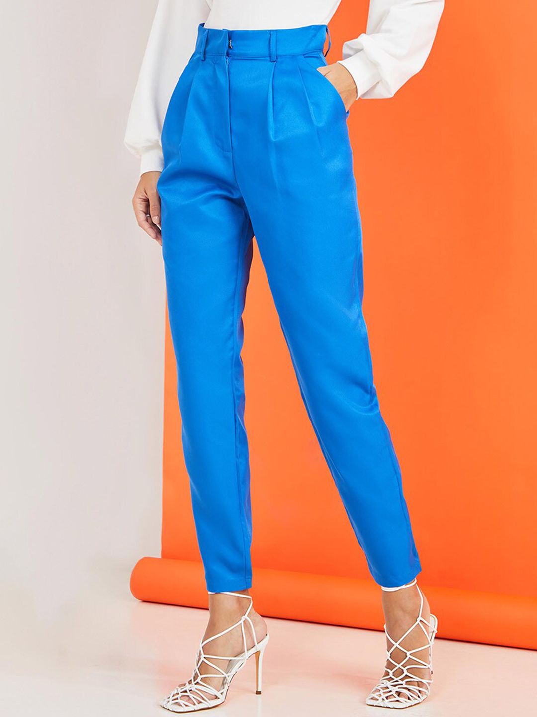 Styli Women Blue Tapered Fit High-Rise Pleated Trousers Price in India