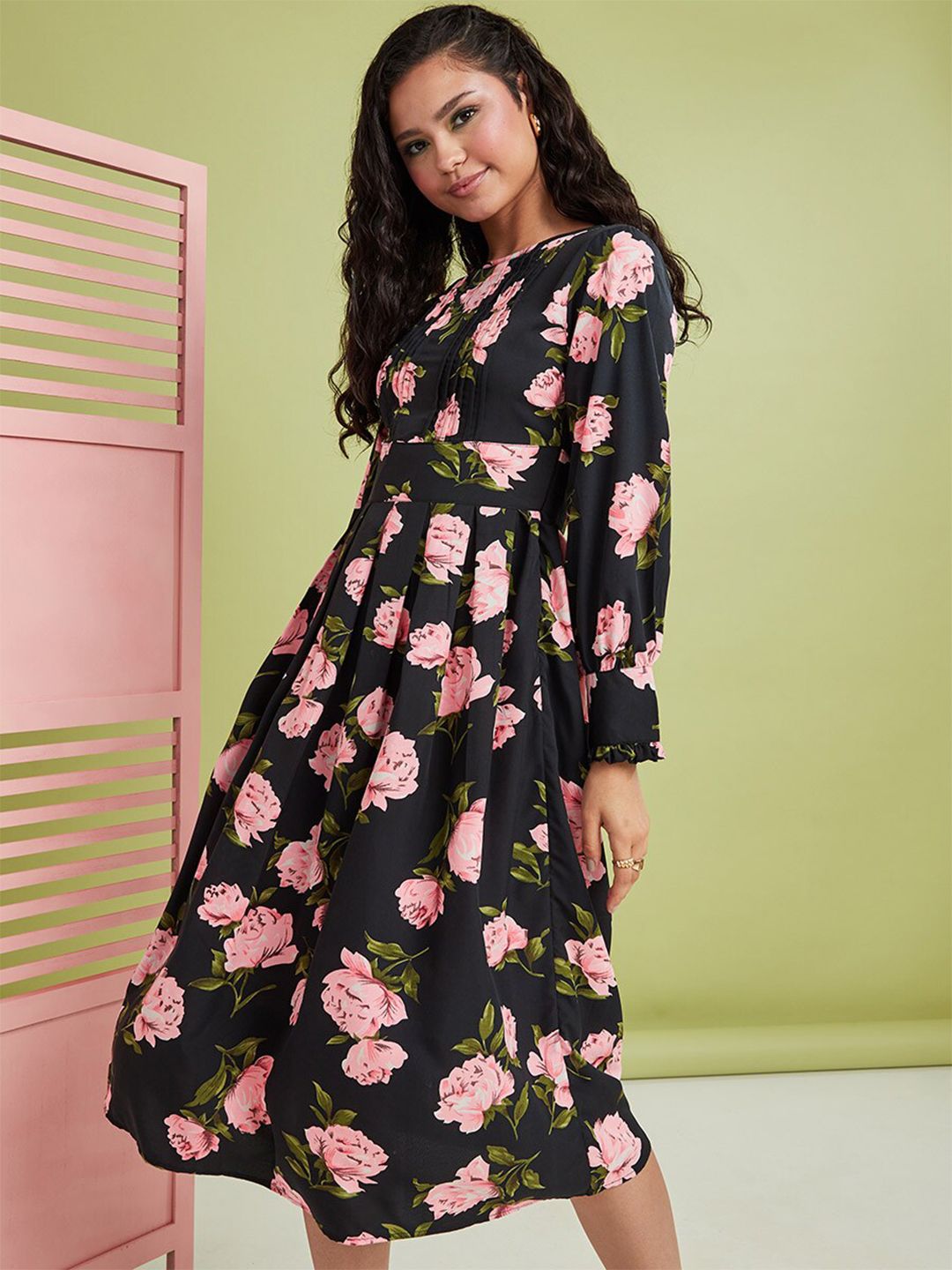 Styli Black Floral Midi Dress Price in India