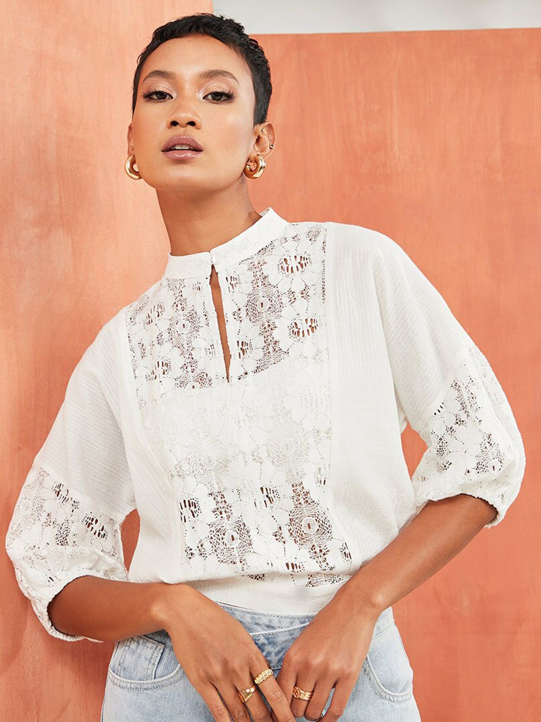 Styli Off White Tie-Up Neck Top
