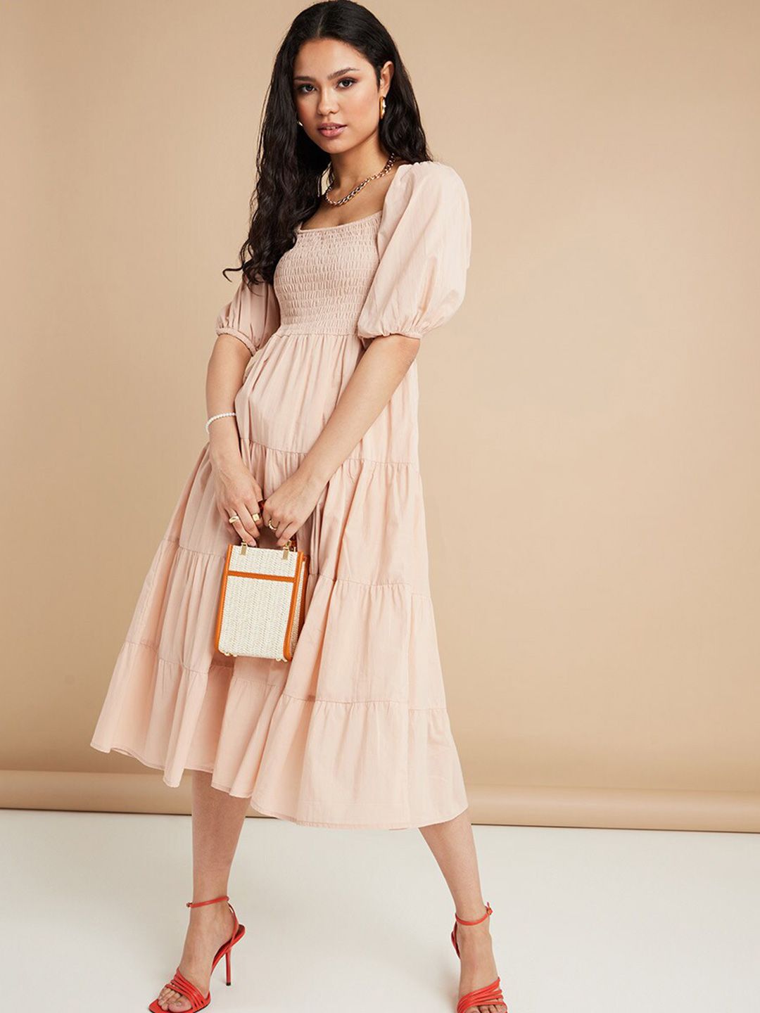 Styli Beige Striped A-Line Midi Dress Price in India