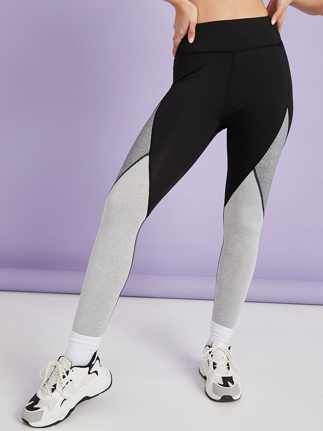 Styli Women Grey & Black Colourblocked Contrast Stitch Detail Active Tights Price in India