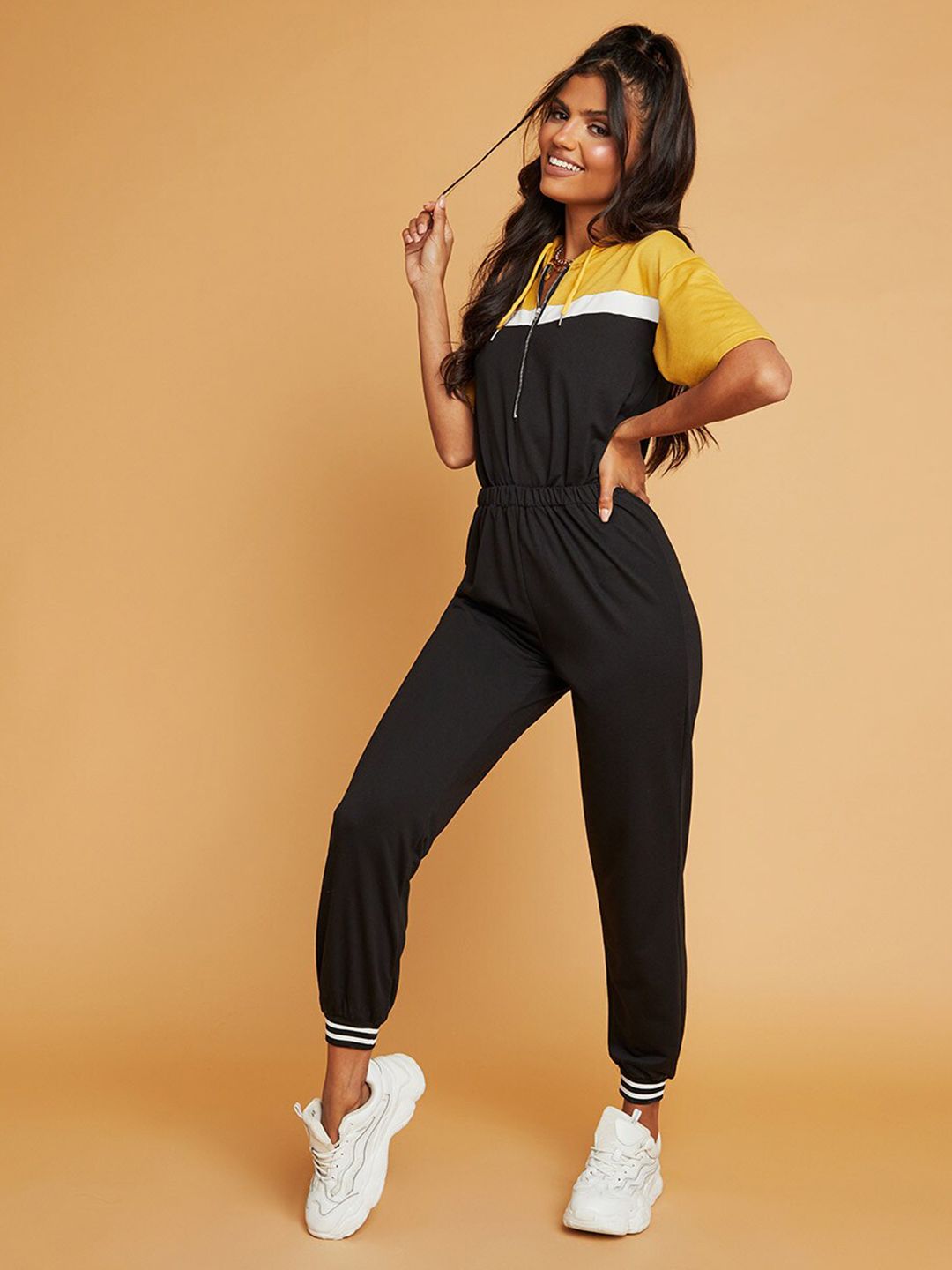 Styli Black & Yellow Colourblocked Basic Jumpsuit