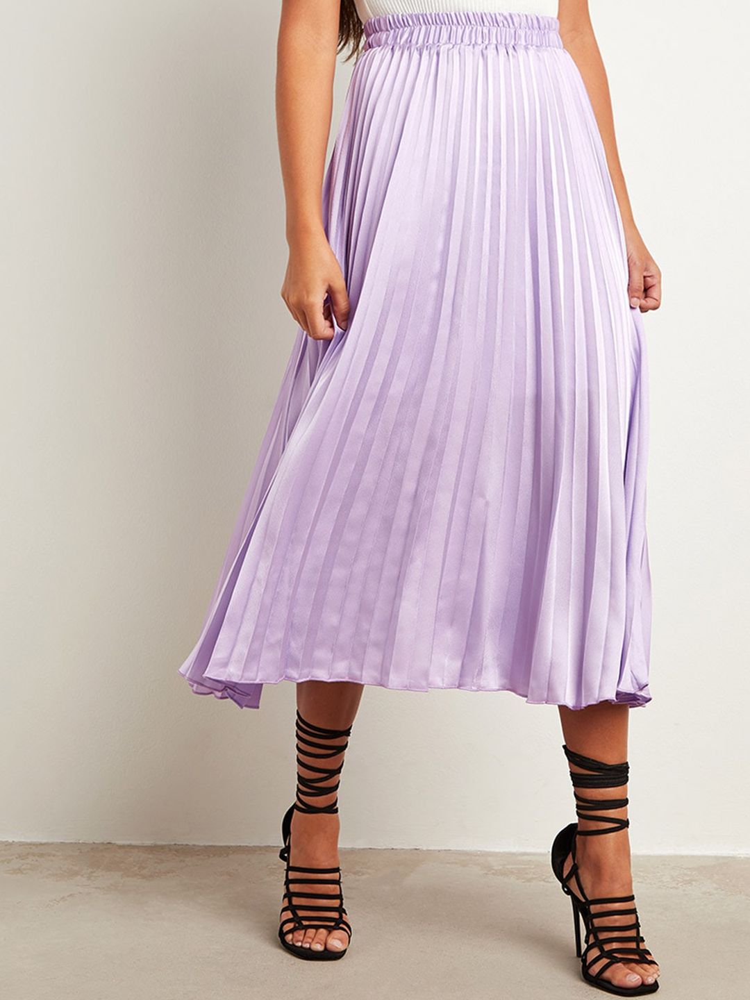 Styli Women Lavender Solid Pleated A-Line Midi Skirts