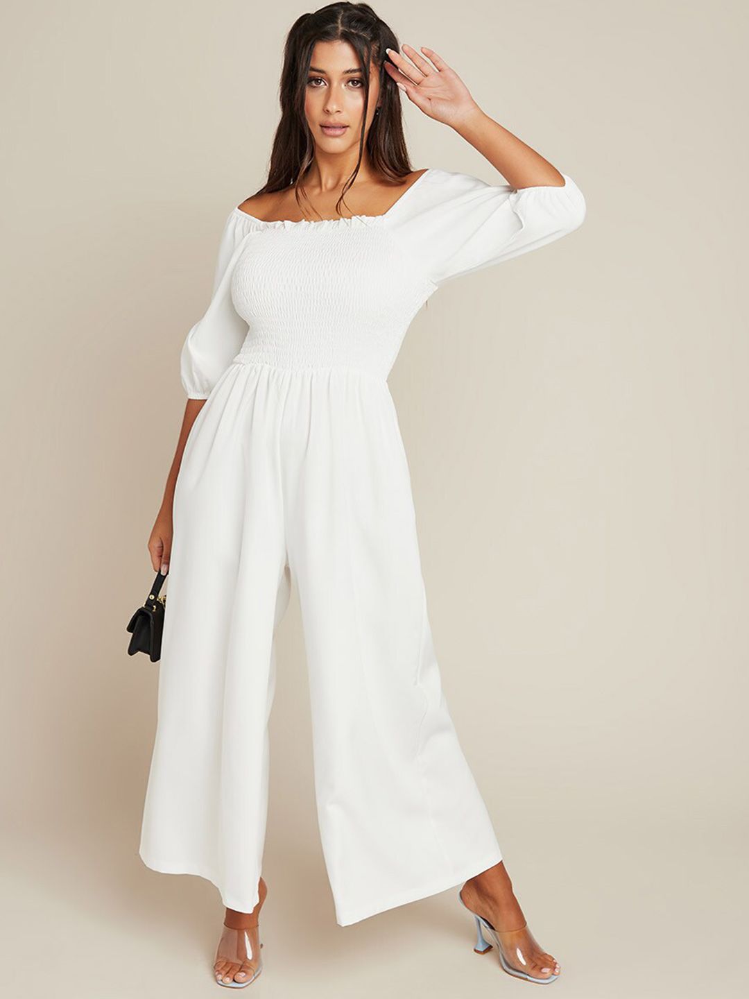 Styli White Off-Shoulder Basic Jumpsuit Price in India