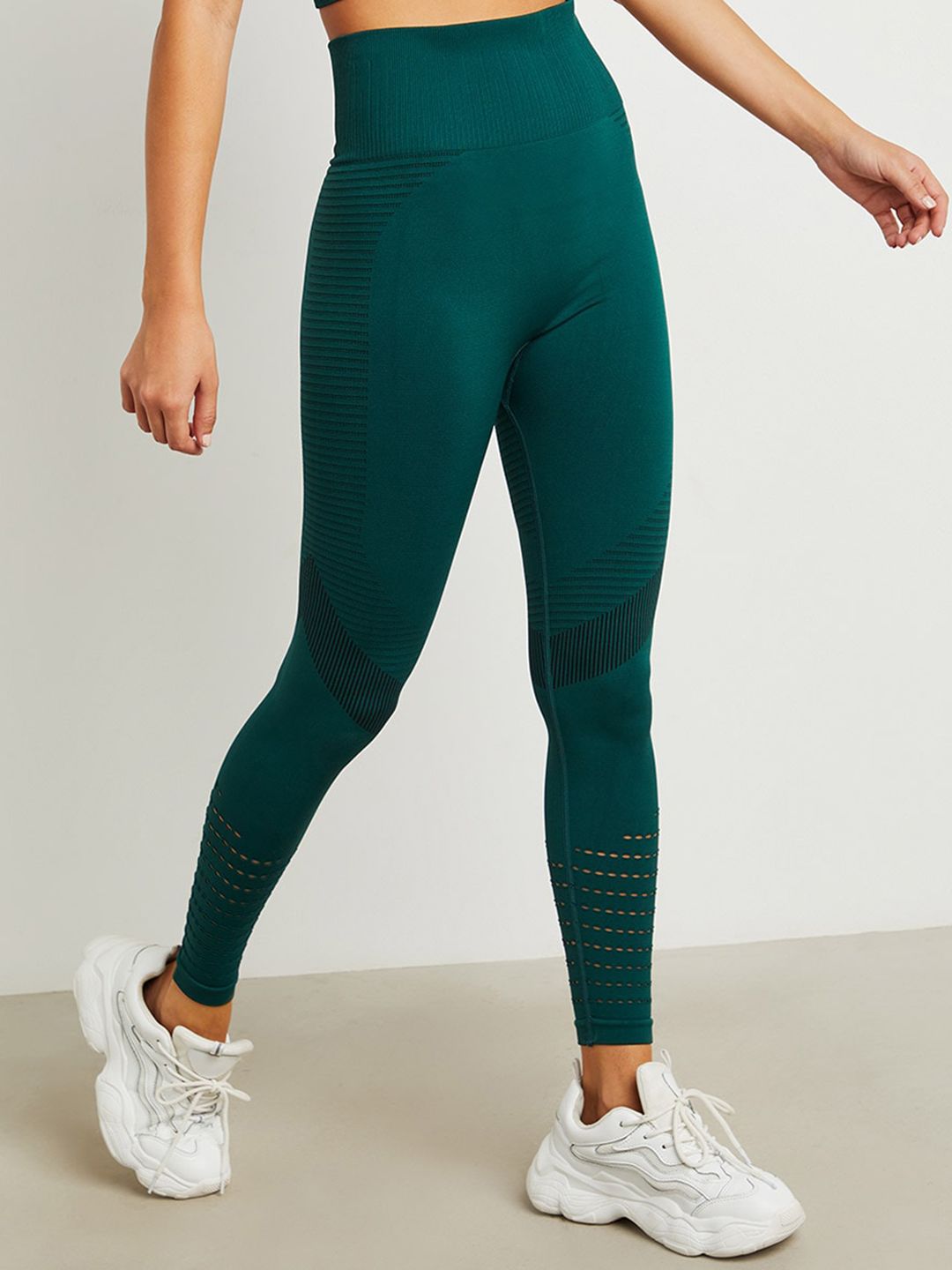 Styli Women Green Solid Shadow & Laser Cut Detail High-Rise Active Outdoor Tights Price in India